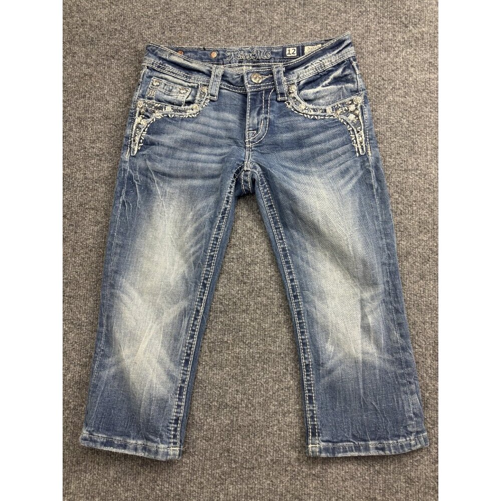 Miss Me Capri Jeans Youth Girls 12 JK8325P Medium Wash Cuffed Rhinestone Pockets